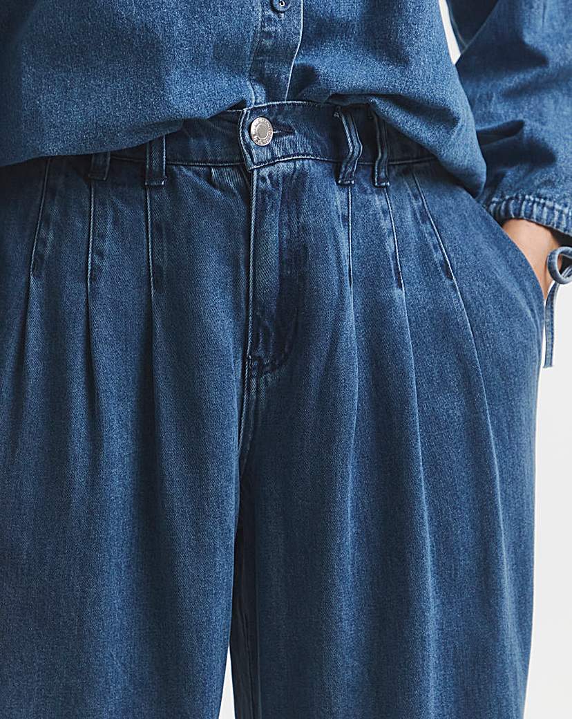 Mid Blue Pleat Detail Wide Leg Jeans