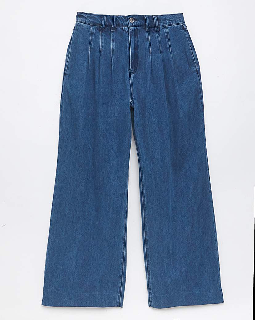 Mid Blue Pleat Detail Wide Leg Jeans