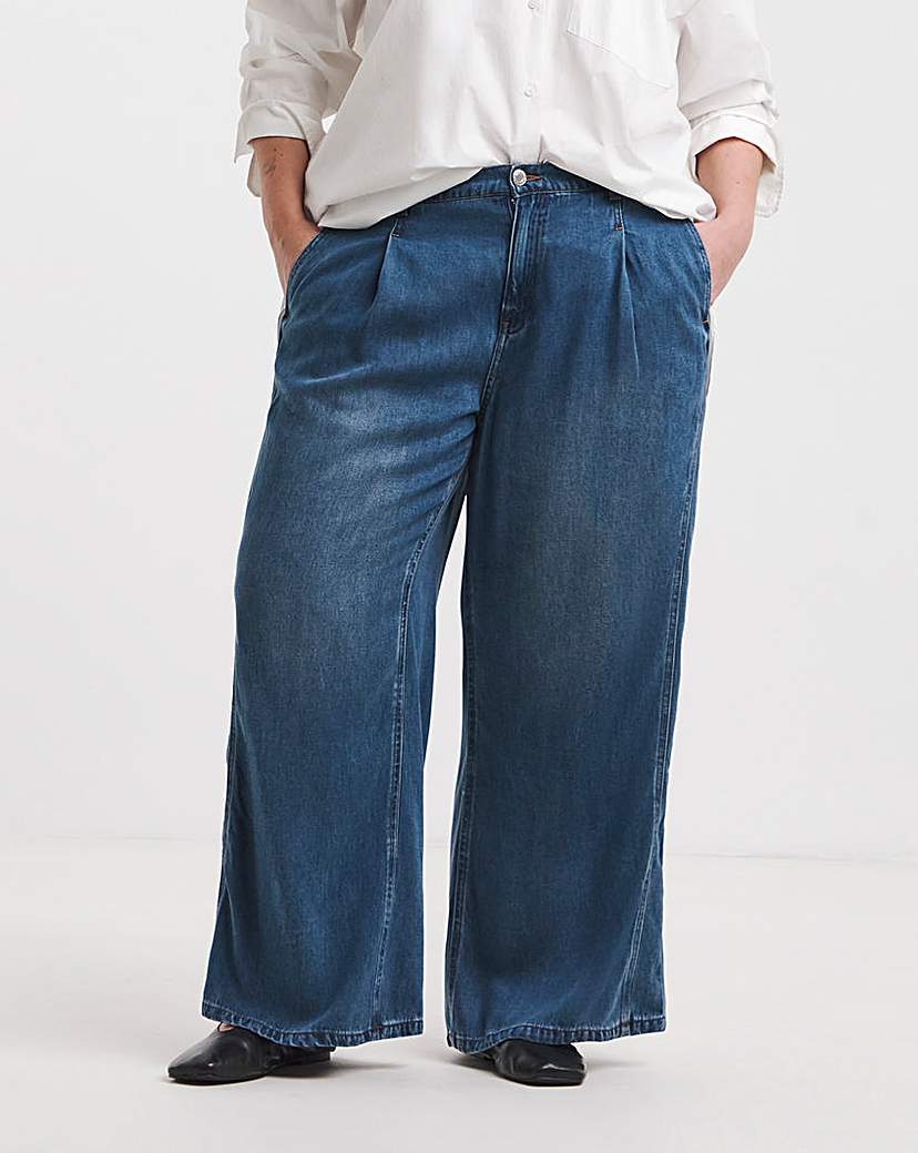 Mid Blue Draped Wide Leg Jeans