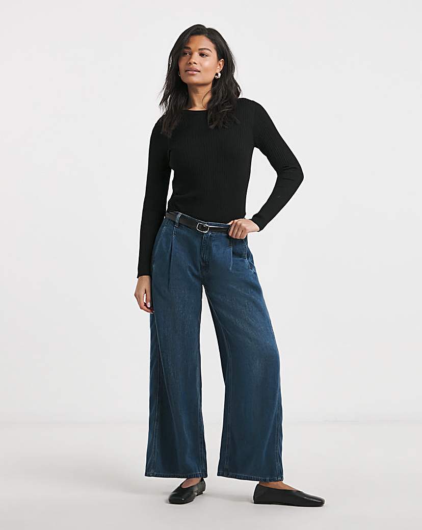 Mid Blue Draped Wide Leg Jeans