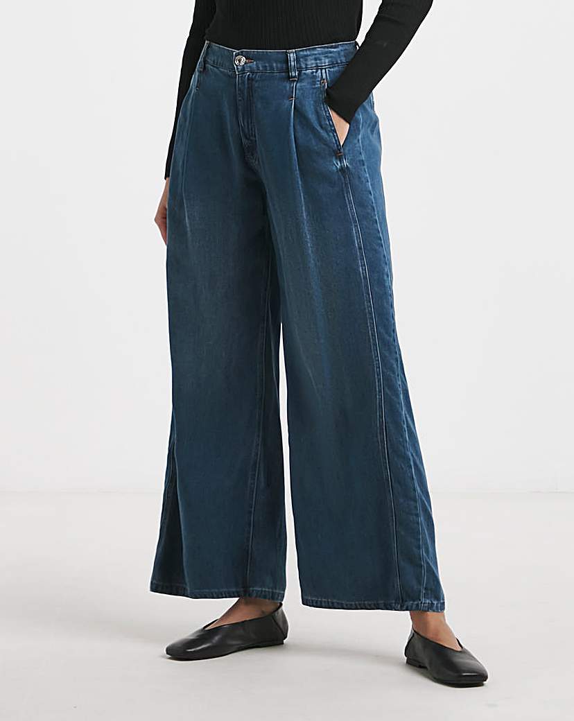Mid Blue Draped Wide Leg Jeans