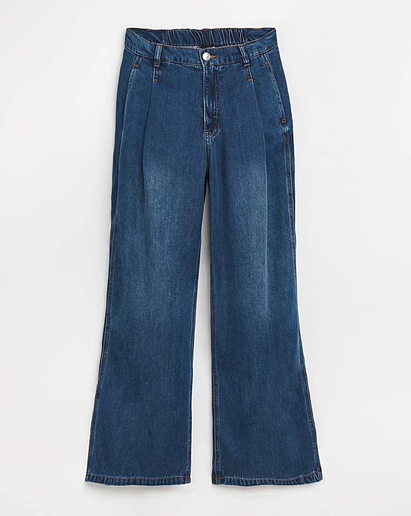 Mid Blue Draped Wide Leg Jeans