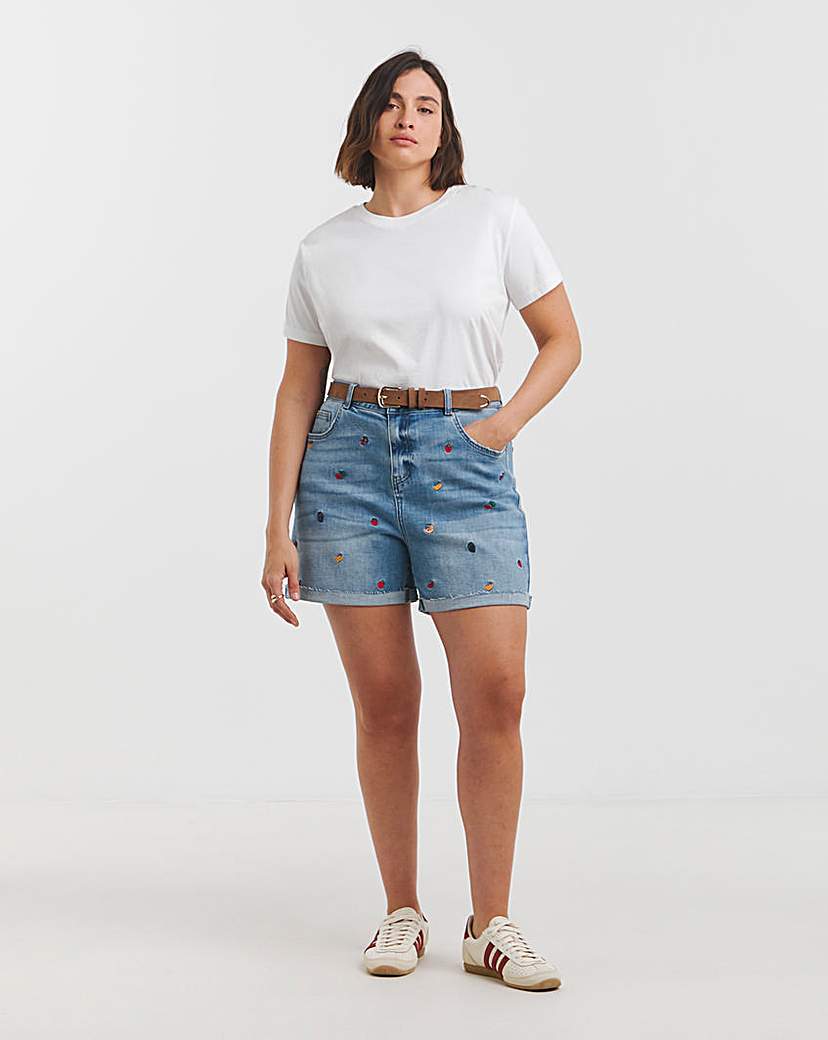 New In - Fruit Salad Embroidered Roll Hem Short