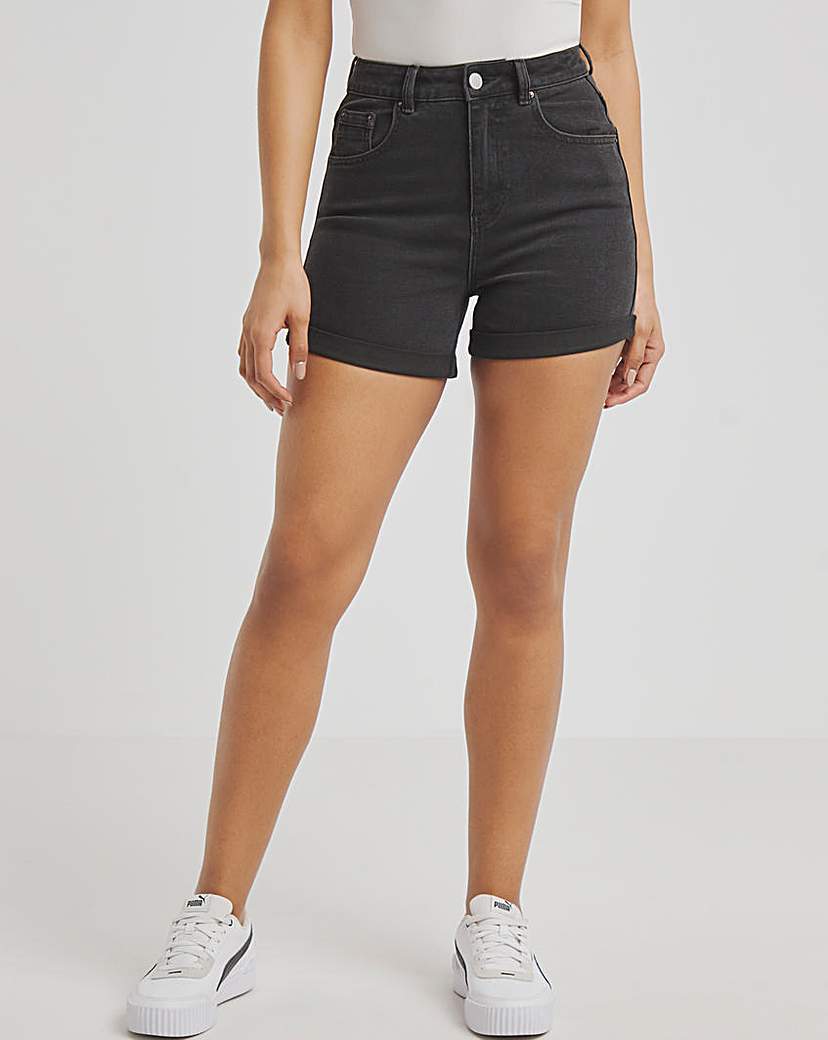 Washed Black Roll Hem Mom Short