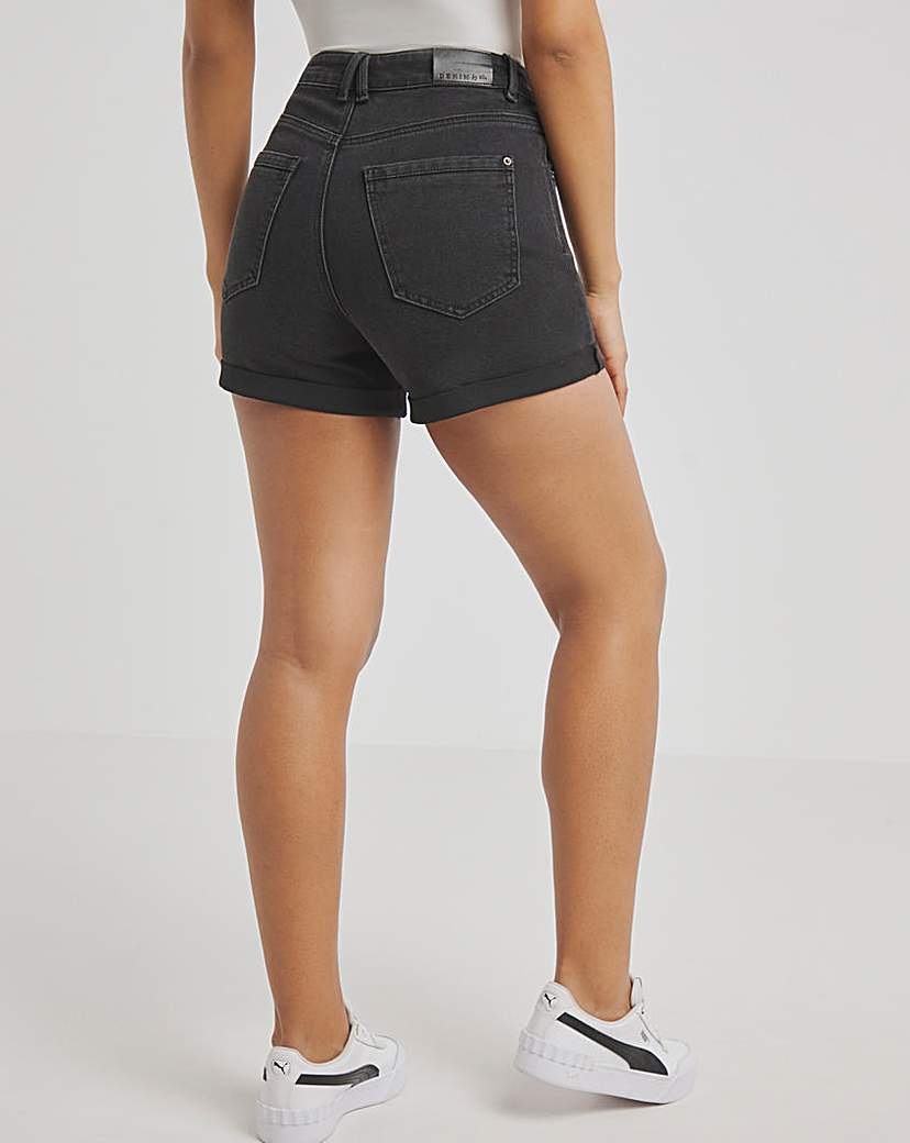 Washed Black Roll Hem Mom Short