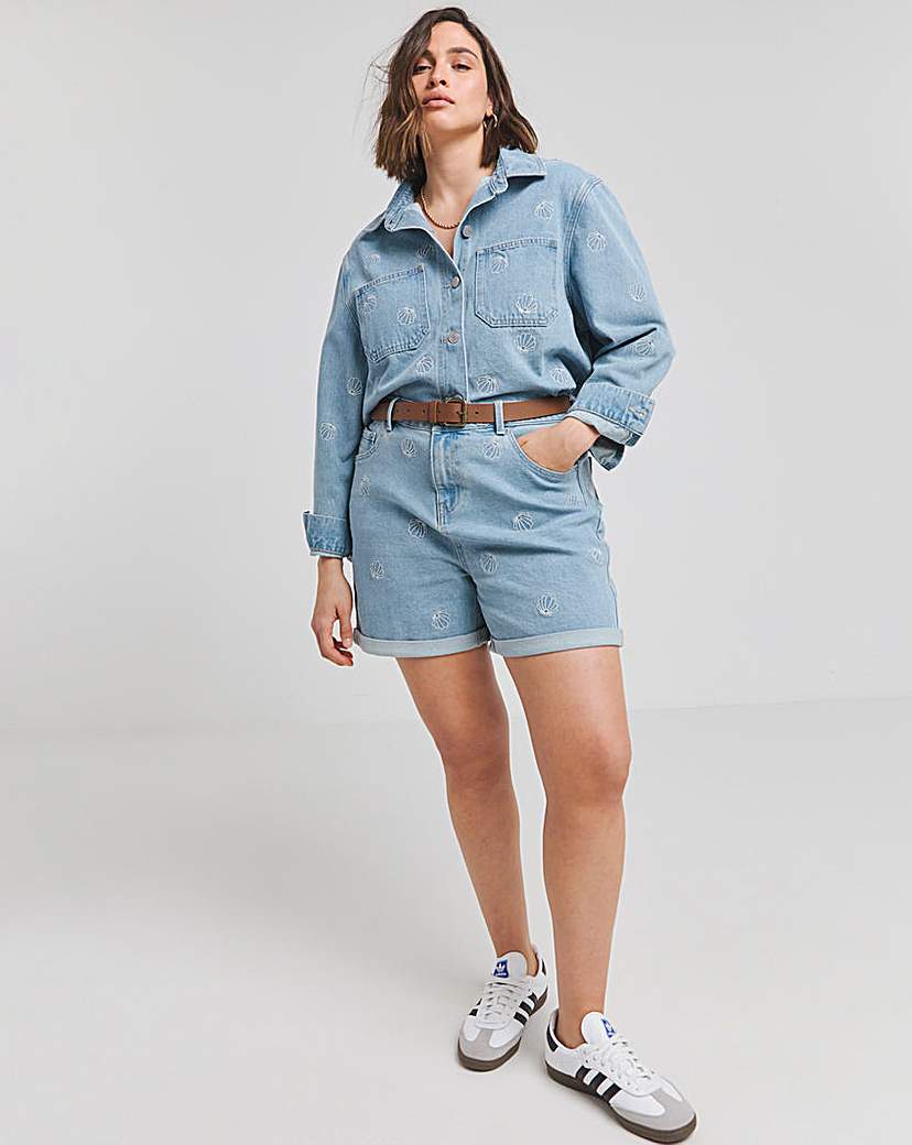 LIght Wash Shell Embroidered Shacket