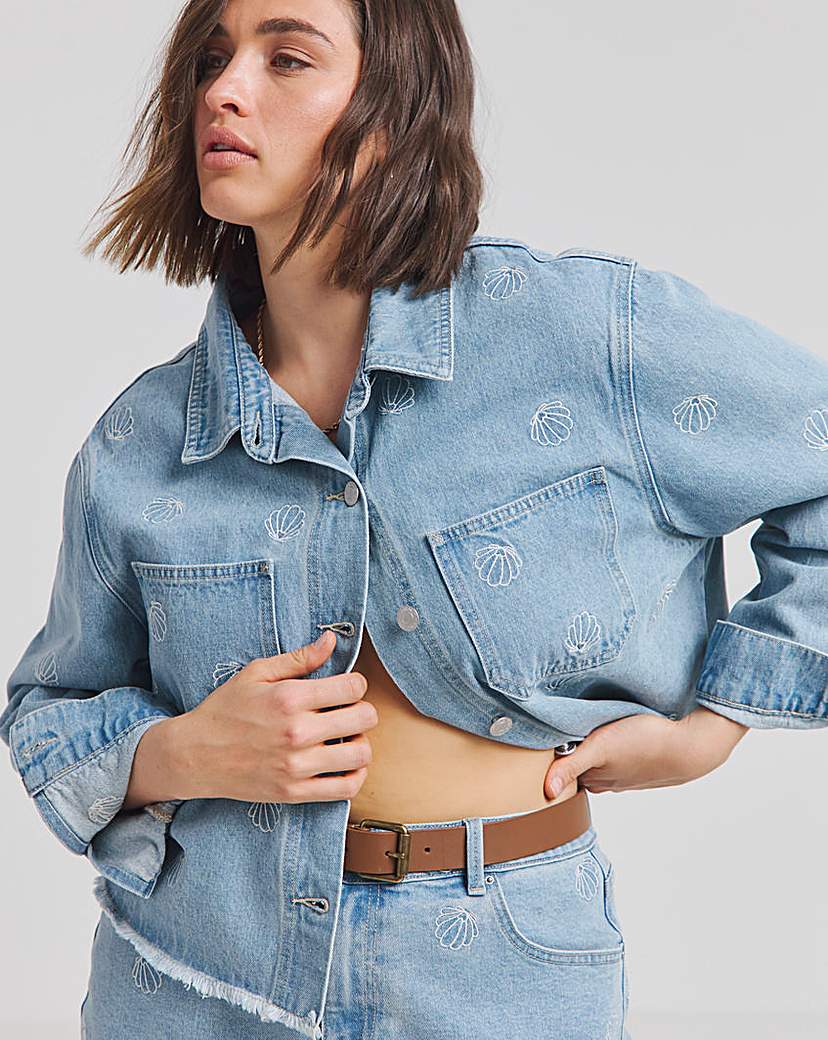 LIght Wash Shell Embroidered Shacket