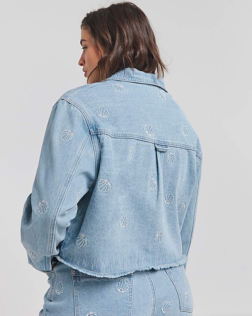 LIght Wash Shell Embroidered Shacket