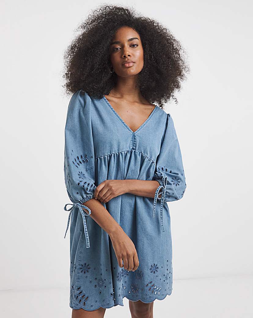 New In - Mid Wash Cutwork Denim Mini Smock Dress