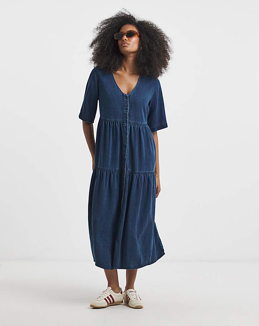 New In - Indigo Midaxi Tiered Denim Smock Dress