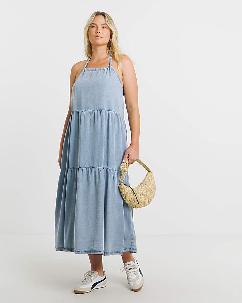 Simply Be - Women's Blue Halter Tiered Maxi Dress - Size 14 - Light wash - 100% Lyocell - Sustainable