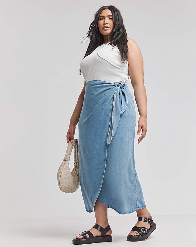 Mid Wash Denim Wrap Midi Skirt