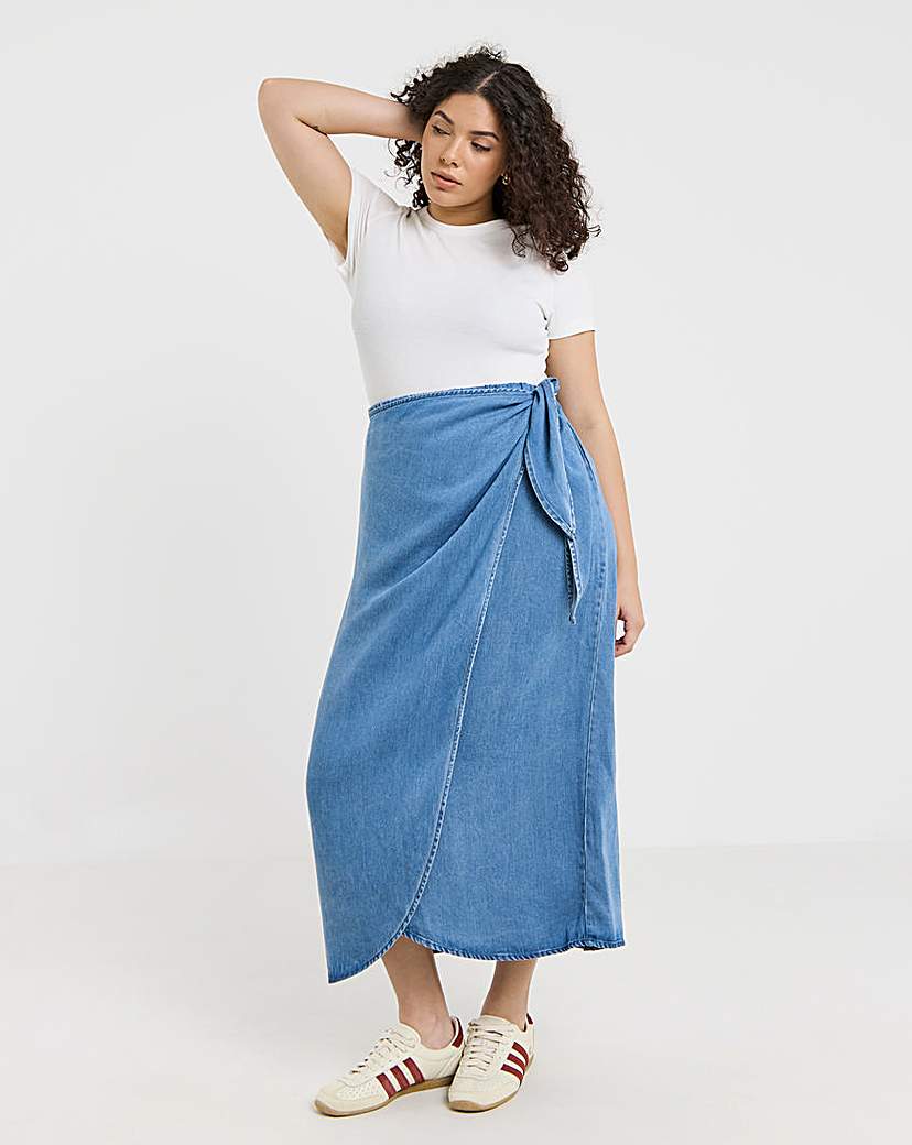 Simply Be Mid Wash Denim Wrap Midi Skirt