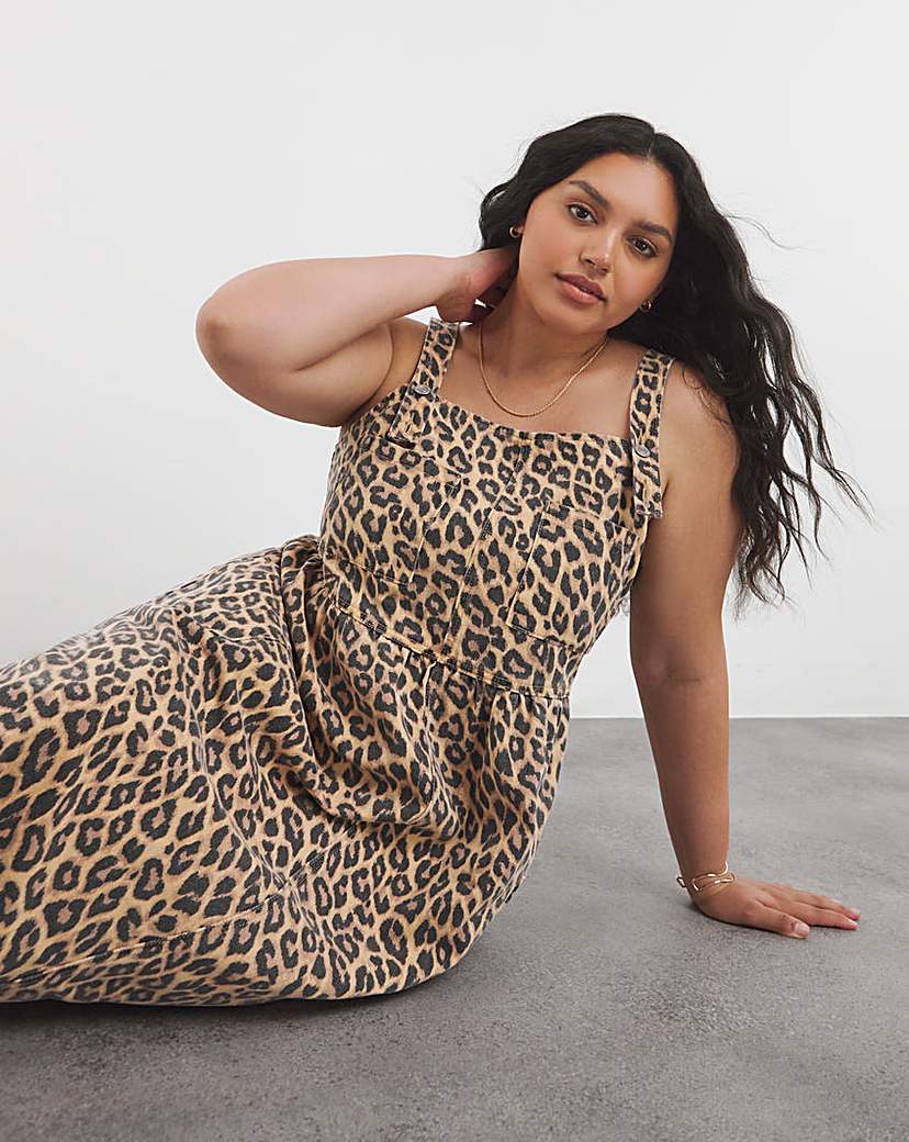 Leopard Midaxi Denim Pinafore Dress