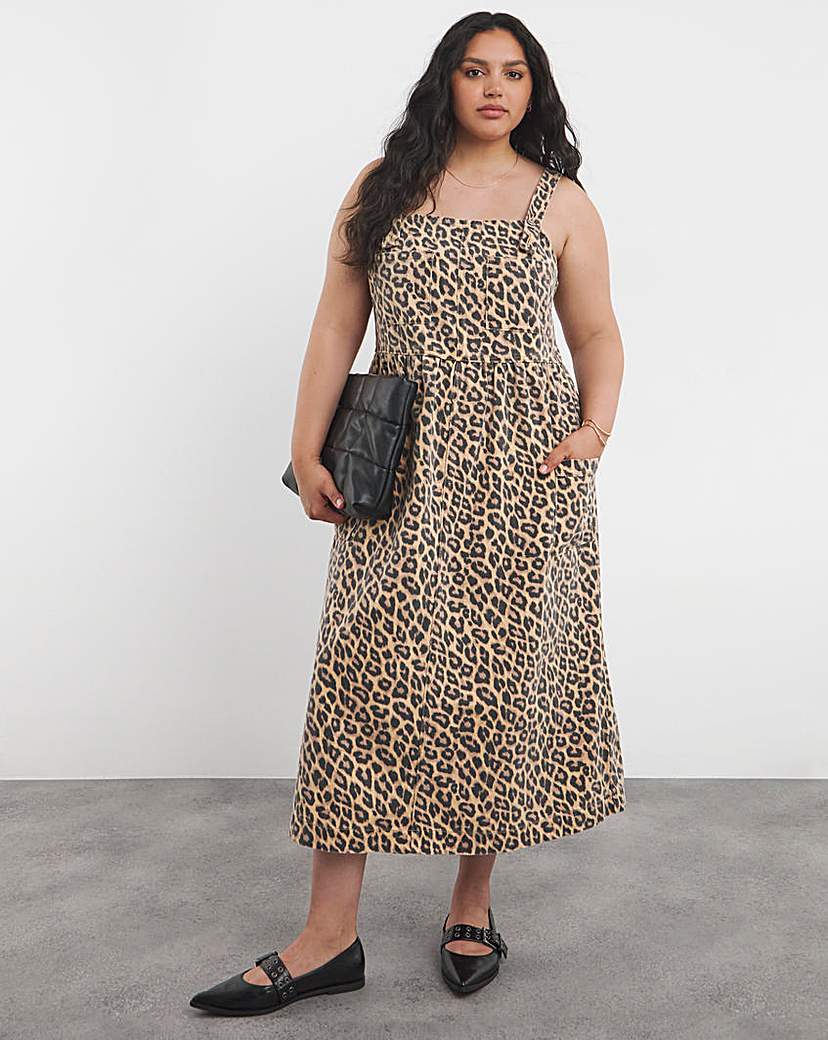 Leopard Midaxi Denim Pinafore Dress