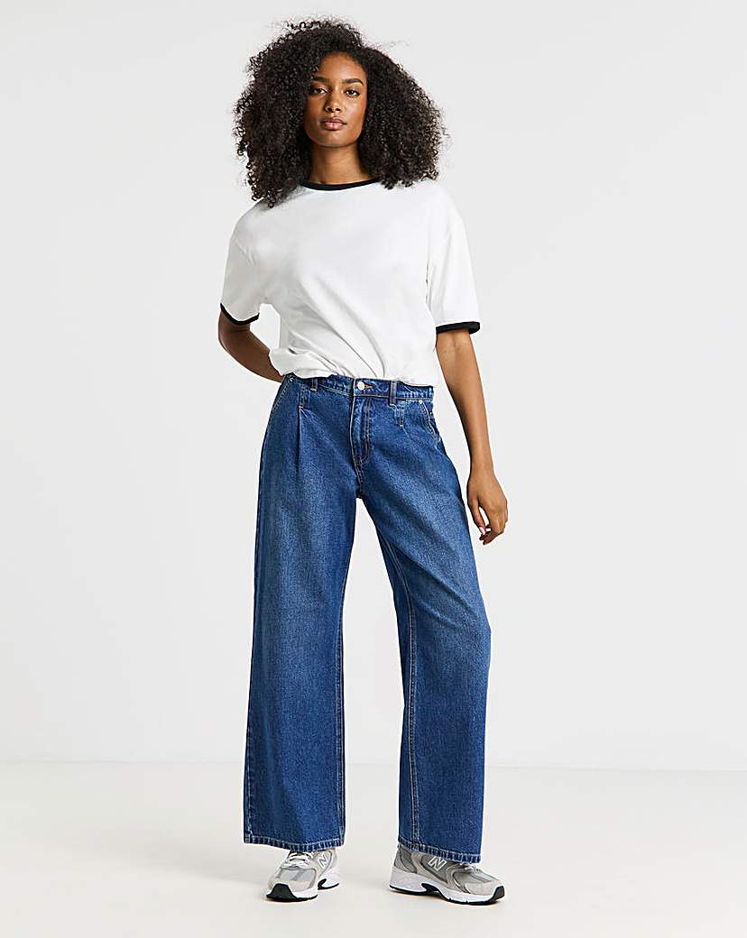 New In - Mid Blue Pleat Detail Wide Leg Jeans