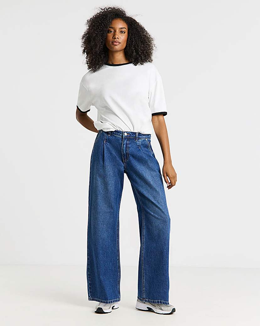 SBE Mid Blue Pleat Detail Wide Leg Jeans