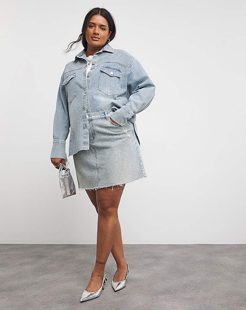 Light Wash Embellished Denim Mini Skirt