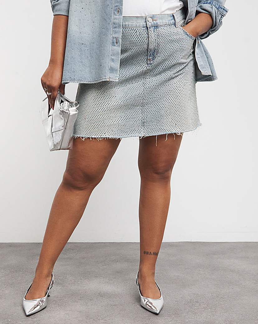 Light Wash Embellished Denim Mini Skirt