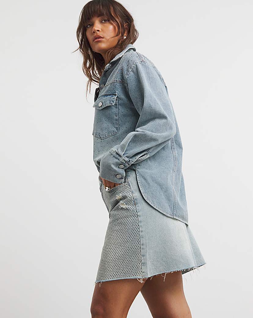 Light Wash Embellished Denim Mini Skirt