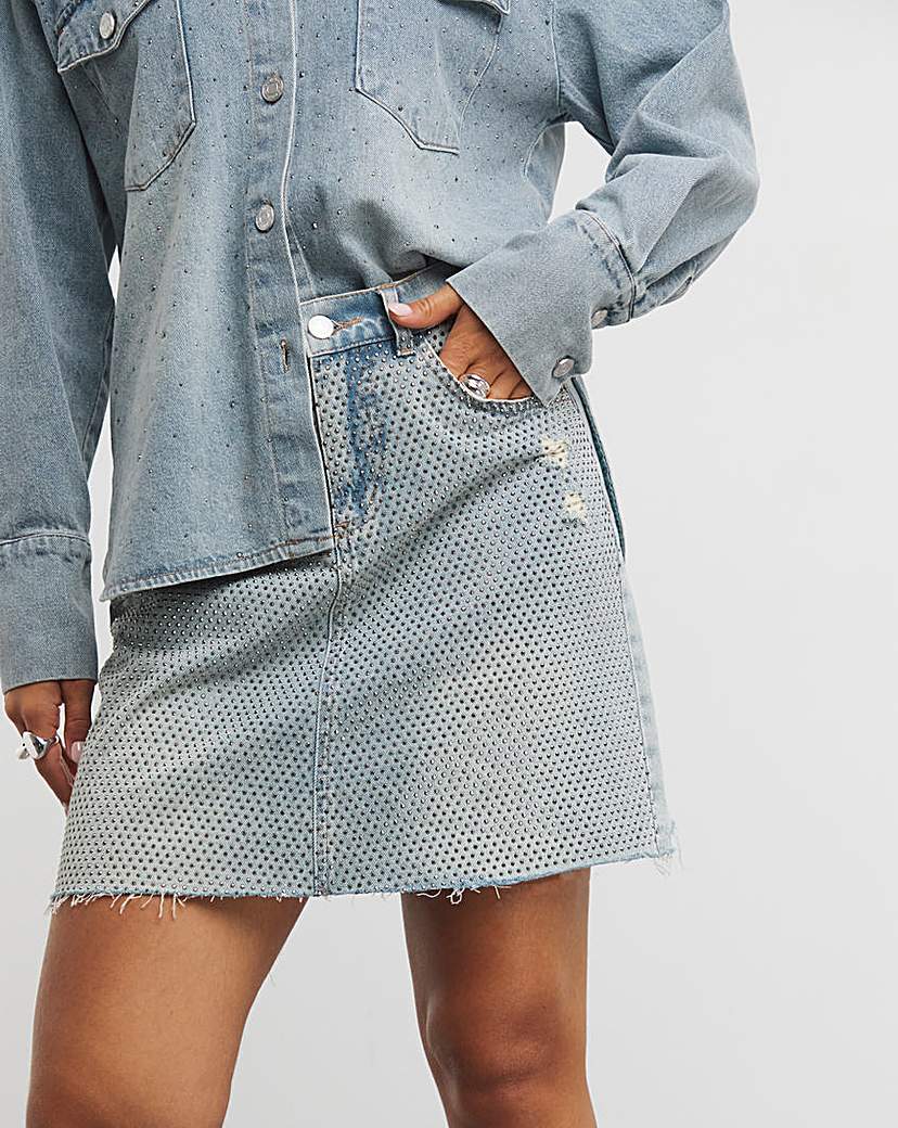 Light Wash Embellished Denim Mini Skirt