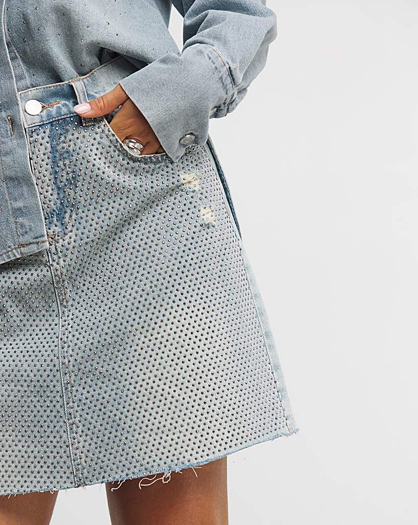 Light Wash Embellished Denim Mini Skirt