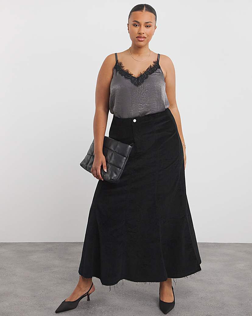 Black Cord Fit and Flare Maxi Skirt