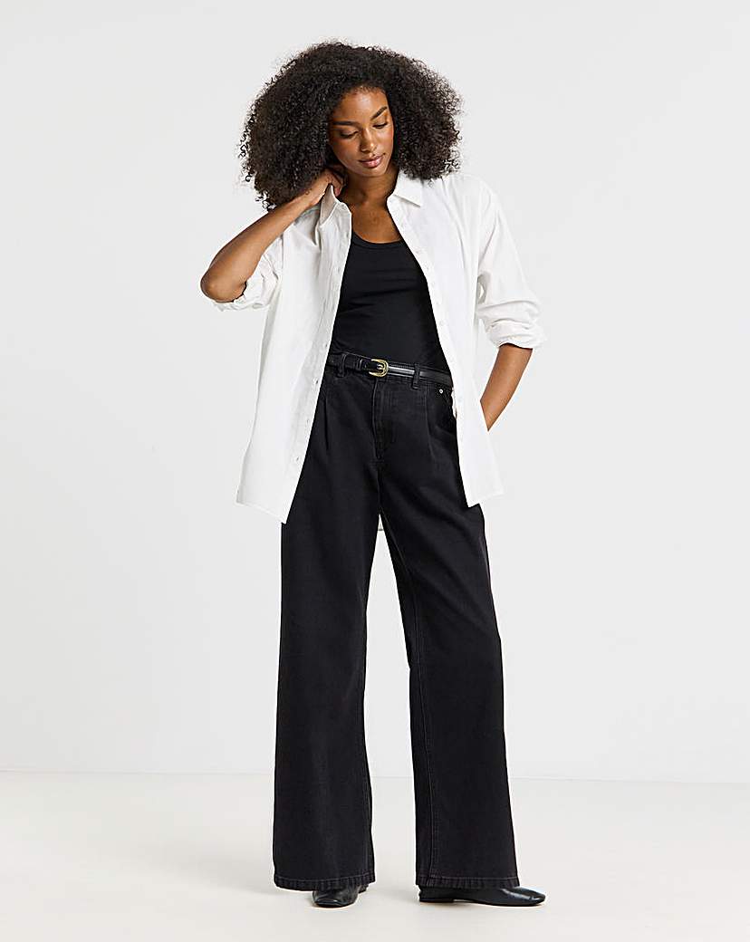 Washed Black Pleat Detail Wide Jeans