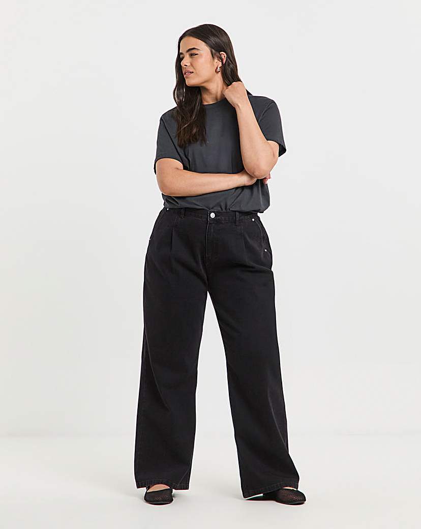Washed Black Pleat Detail Wide Jeans