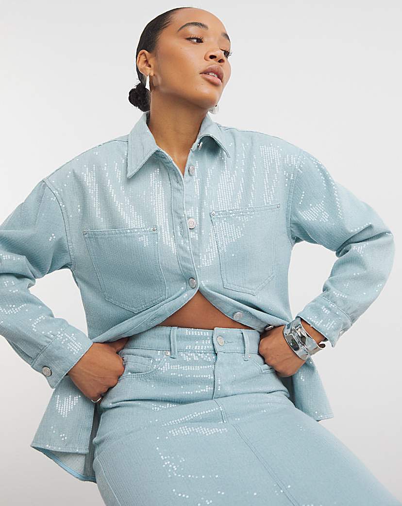 Light Wash Clear Sequin Oversized Shirt