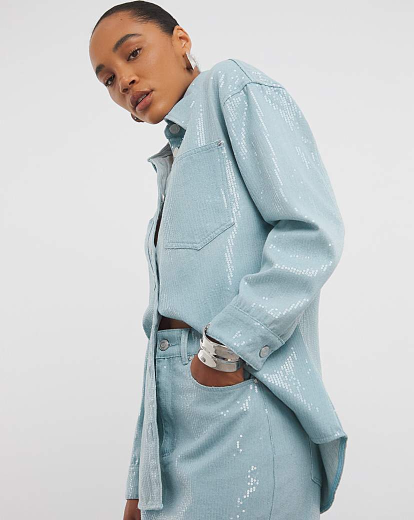 Light Wash Clear Sequin Oversized Shirt