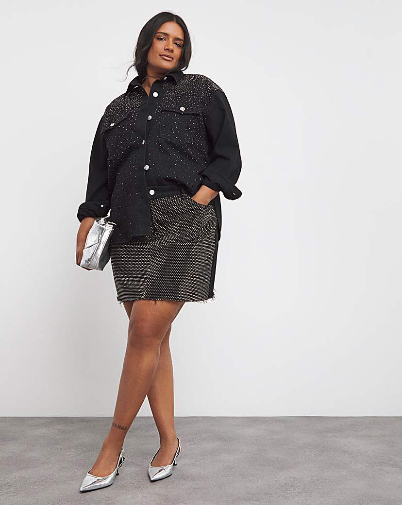 Black Embellished Denim Mini Skirt