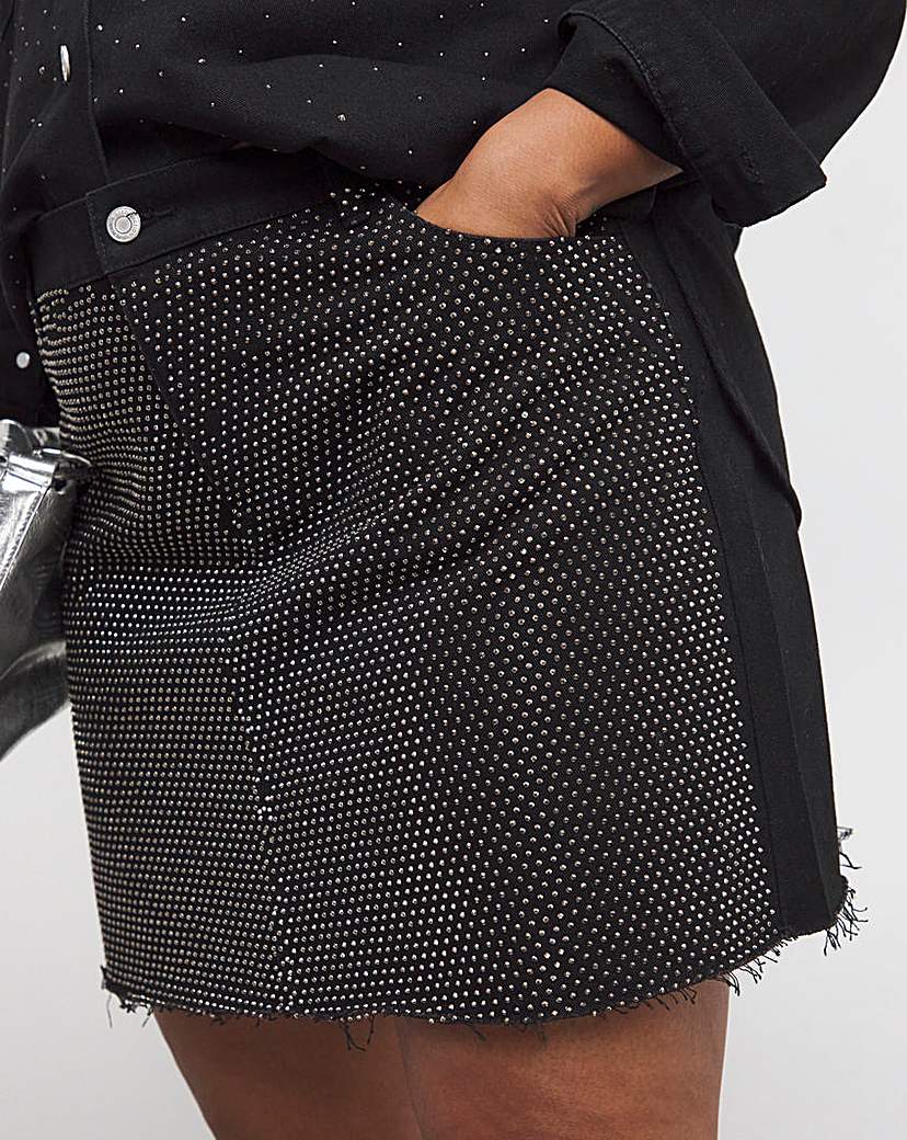 Black Embellished Denim Mini Skirt