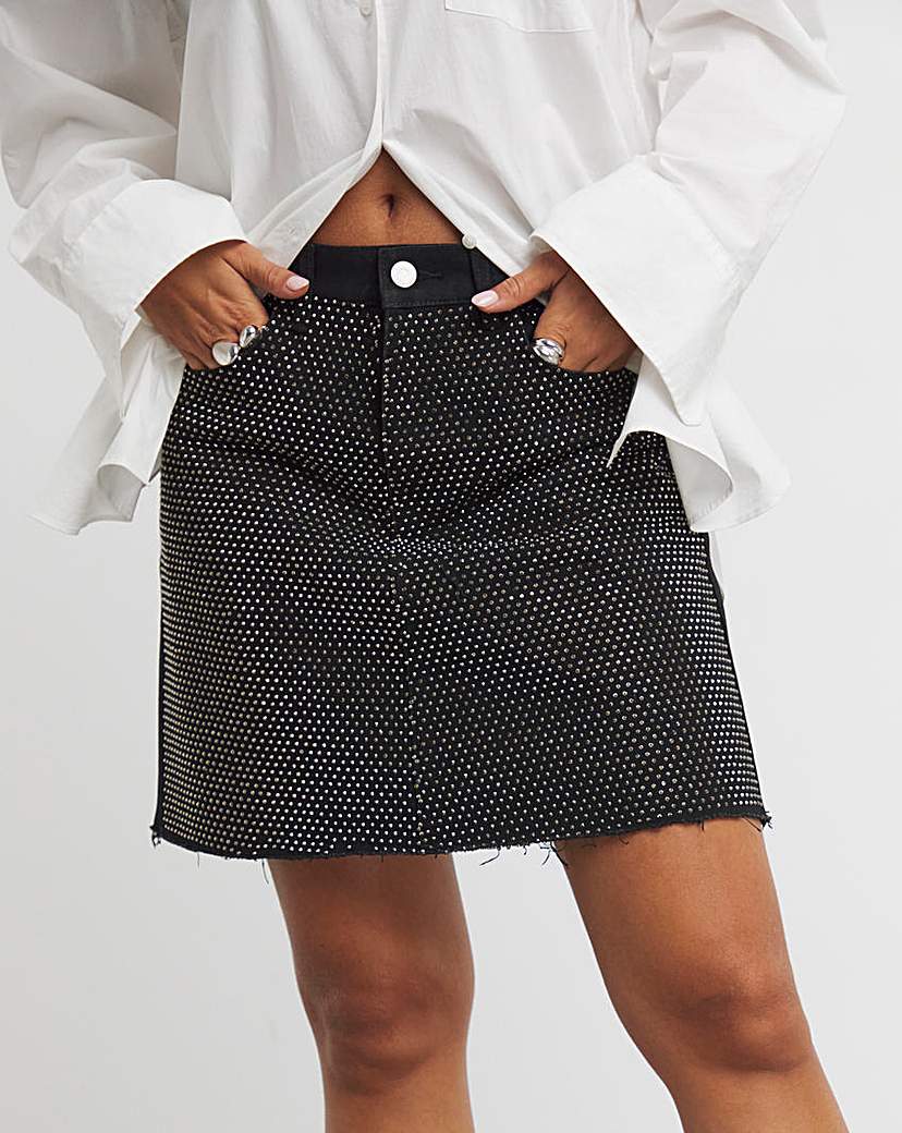 Black Embellished Denim Mini Skirt