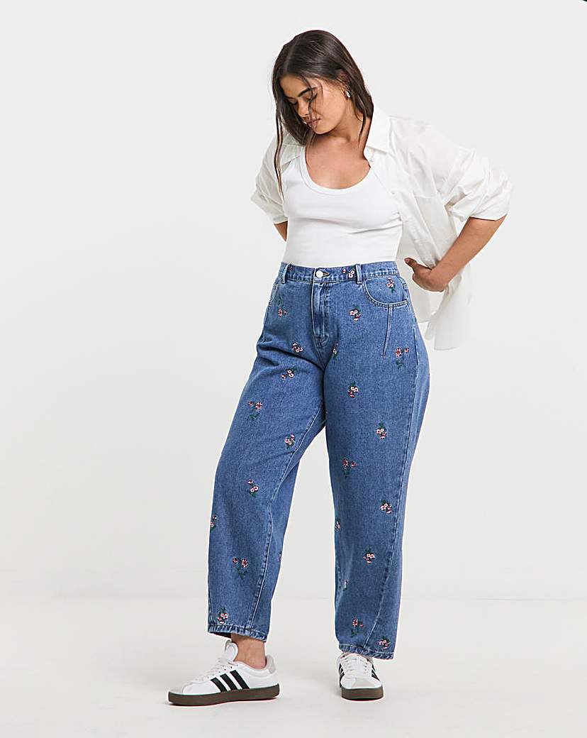 New In - Mid Wash Floral Embroidered Barrel Jeans