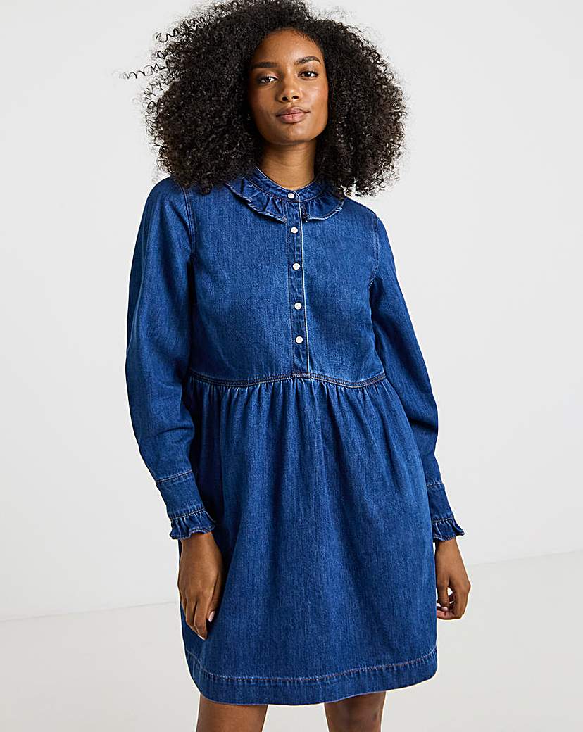 New In - Mid Wash Frill Collar Denim Mini Dress