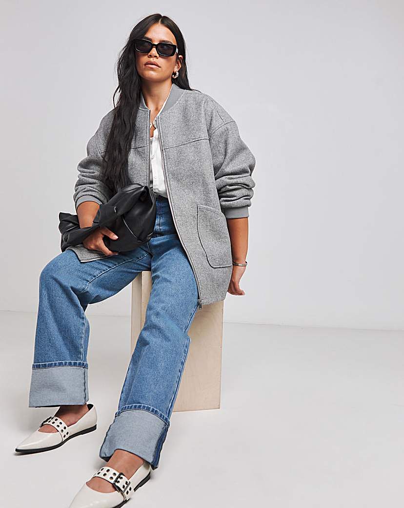 Grey Marl Faux Wool Zip Through Bomber