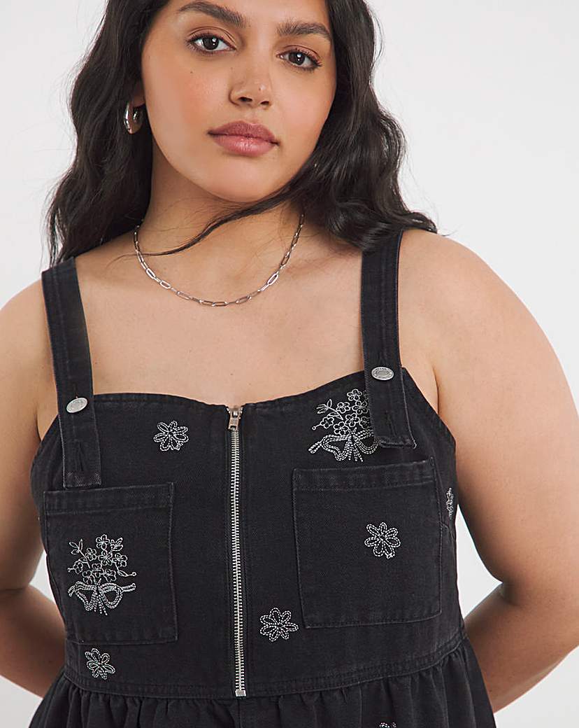 Embroidered Midaxi Denim Pinafore Dress