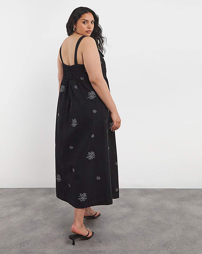 Embroidered Midaxi Denim Pinafore Dress