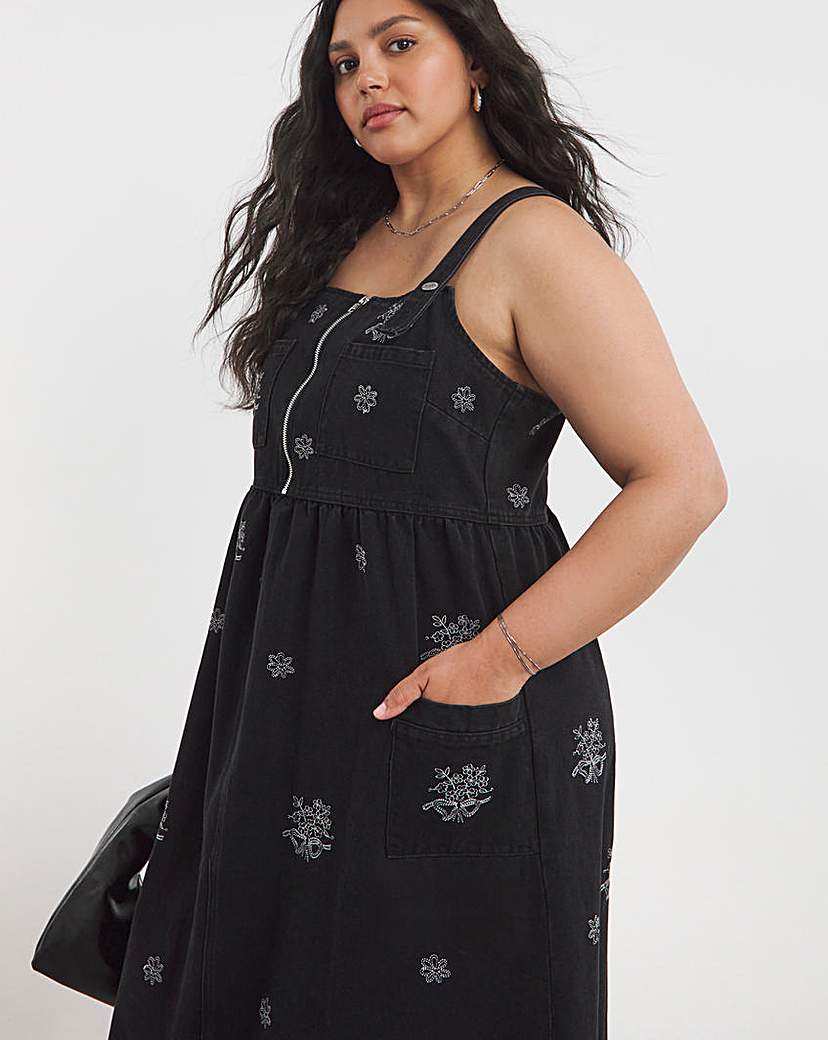 Embroidered Midaxi Denim Pinafore Dress
