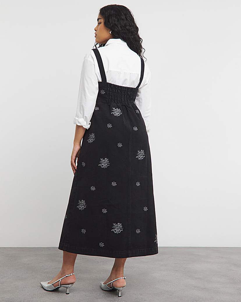 Embroidered Midaxi Denim Pinafore Dress