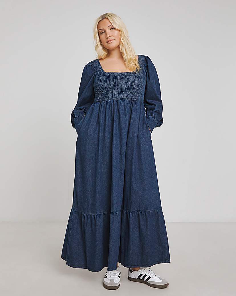 Simply Be - Women's Shirred Maxi Smock Denim Dress - Size 10 - Dark blue - 89% Cotton 6% Polyester 5% Viscose