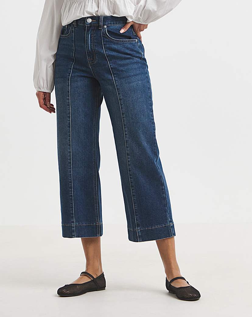 Mid Blue Cropped Wide Leg Pintuck Jean