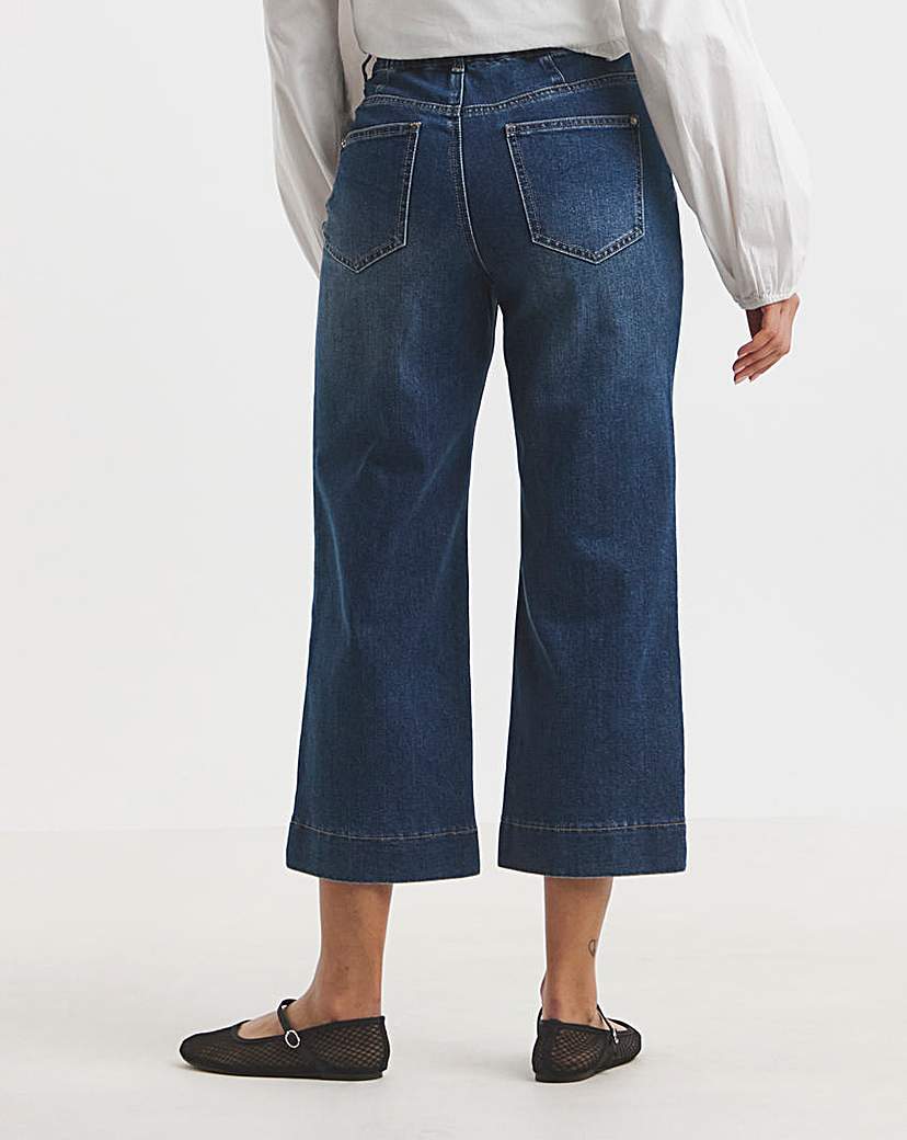 Mid Blue Cropped Wide Leg Pintuck Jean