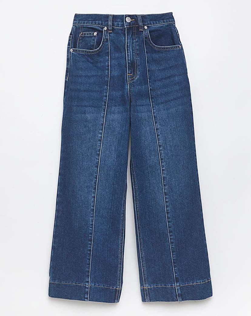 Mid Blue Cropped Wide Leg Pintuck Jean