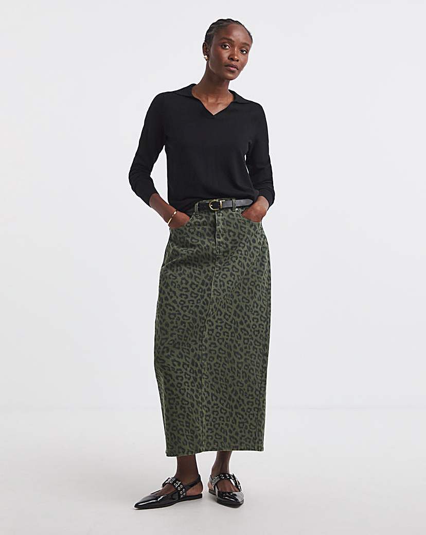New In - SBE Khaki Leopard Denim Midaxi Skirt