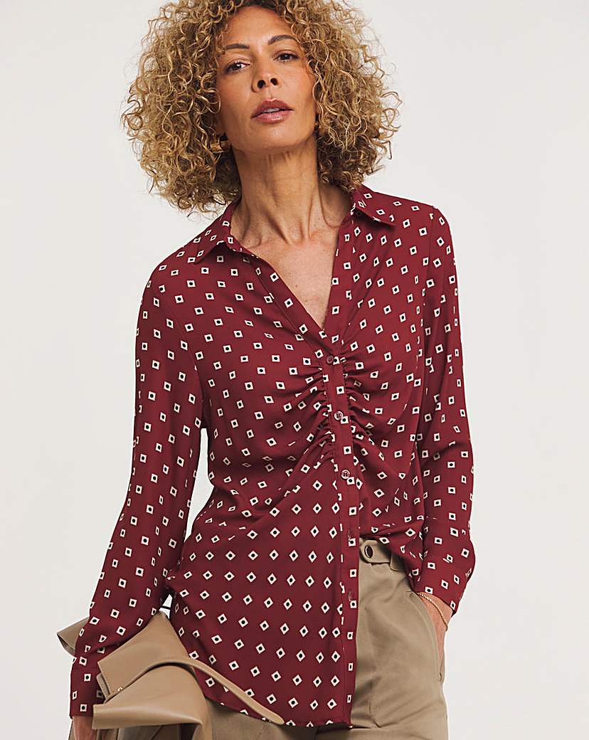 Geo Print Ruched Placket Shirt