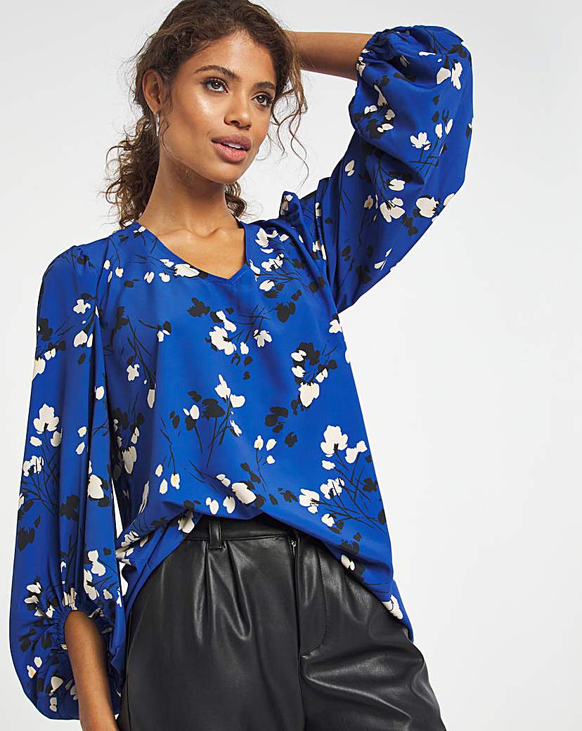 Cobalt Floral Print Balloon Sleeve Top