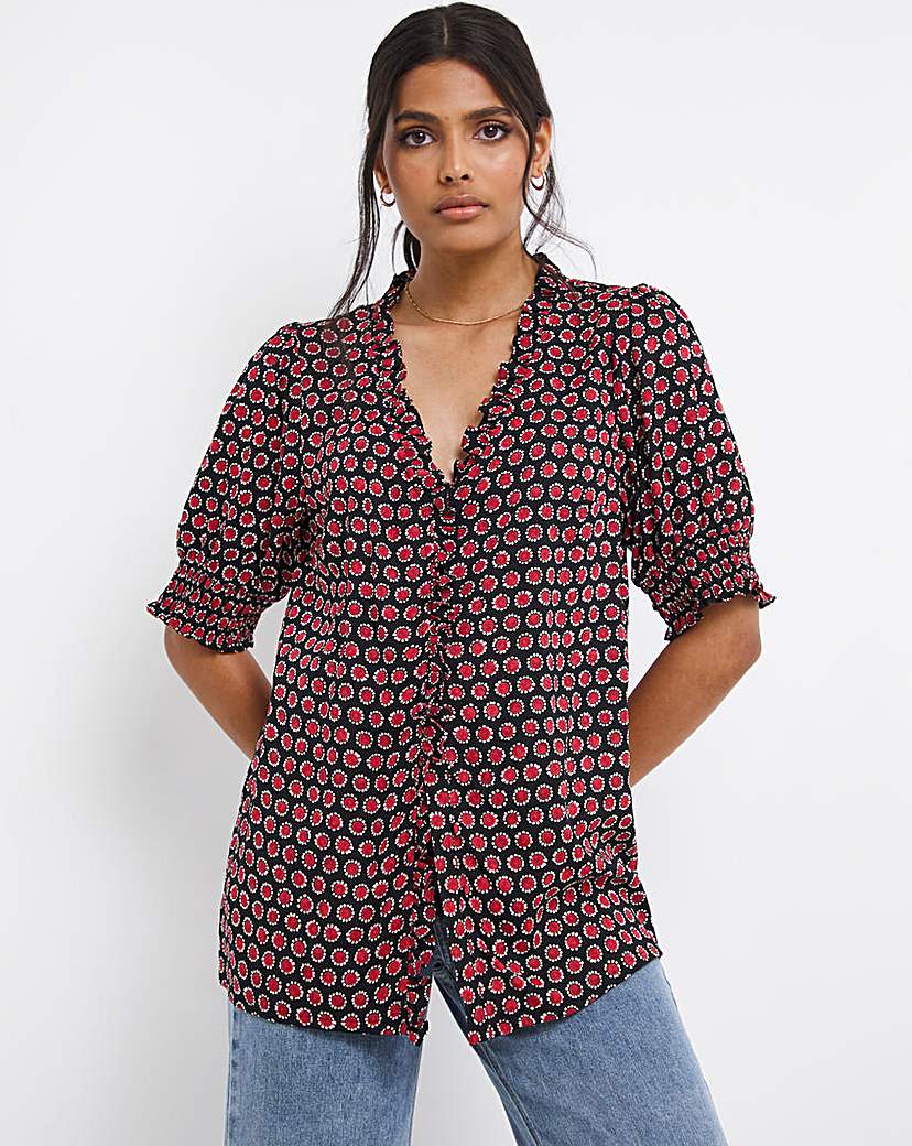 Red Geo Print Frill Trim Top