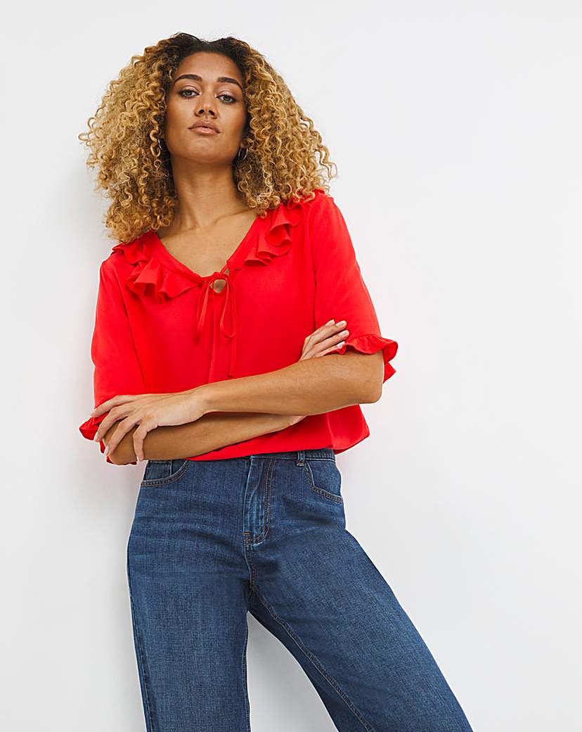 Red Frill Detail Short Sleeved Top